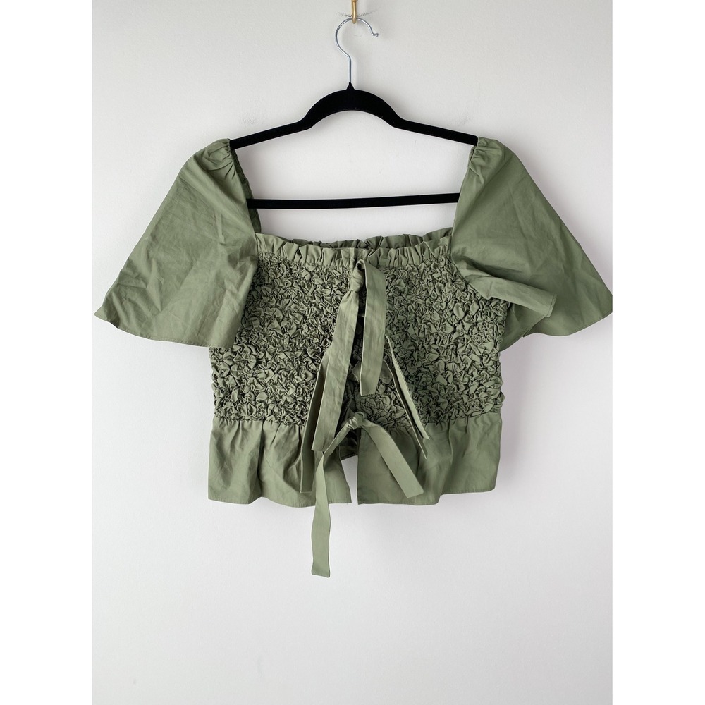 Anthropologie Mare Mare Smocked Bow Tie Top S Olive‎ Green Square Neck Boho - Picture 3 of 10